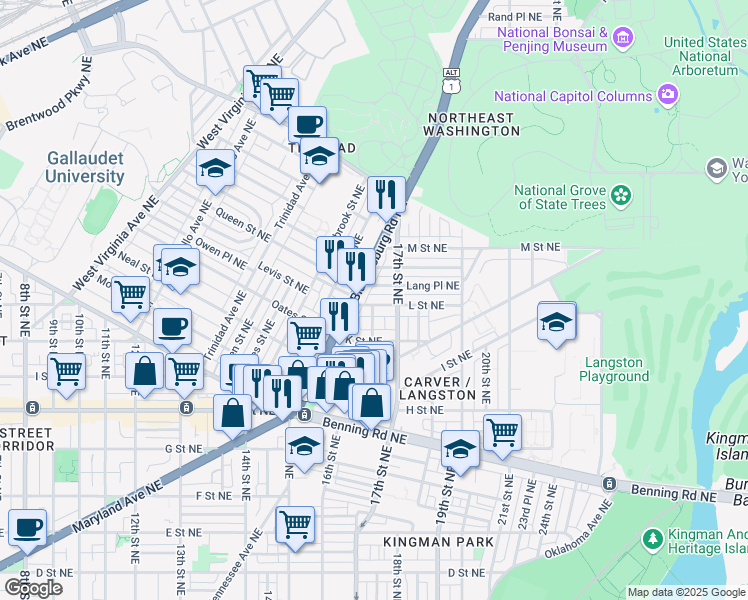 map of restaurants, bars, coffee shops, grocery stores, and more near 1700 L Street Northeast in Washington