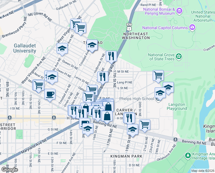 map of restaurants, bars, coffee shops, grocery stores, and more near 101 Independence Avenue Southeast in Washington