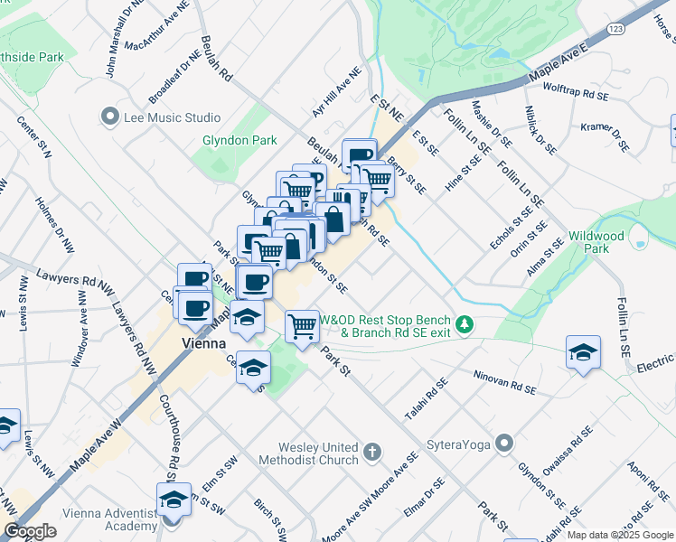 map of restaurants, bars, coffee shops, grocery stores, and more near 300C Locust Street Southeast in Vienna