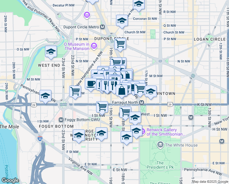 map of restaurants, bars, coffee shops, grocery stores, and more near 1899 L Street Northwest in Washington