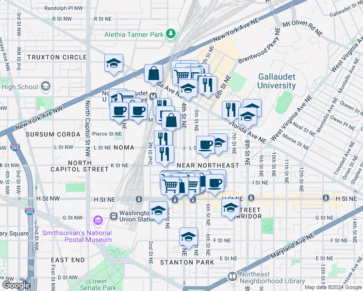map of restaurants, bars, coffee shops, grocery stores, and more near 1100 4th Street Northeast in Washington