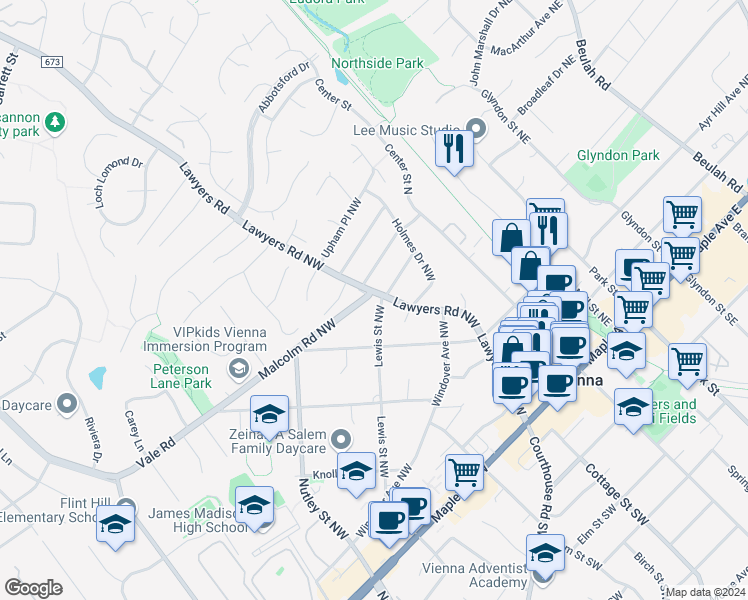 map of restaurants, bars, coffee shops, grocery stores, and more near 356 Lawyers Road Northwest in Vienna