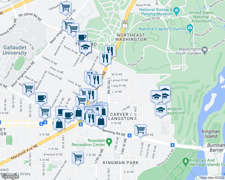 map of restaurants, bars, coffee shops, grocery stores, and more near 1742 L Street Northeast in Washington
