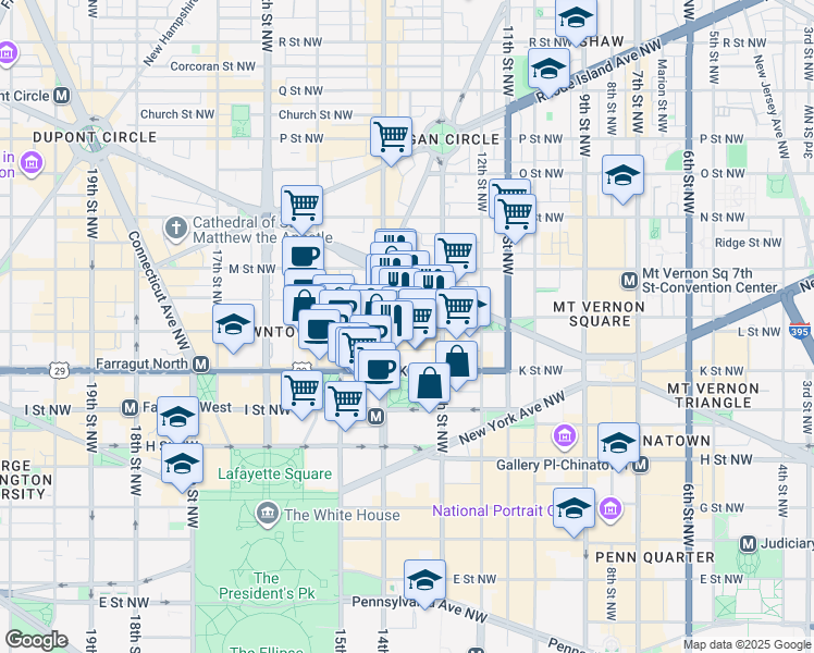 map of restaurants, bars, coffee shops, grocery stores, and more near 1331 L Street Northwest in Washington