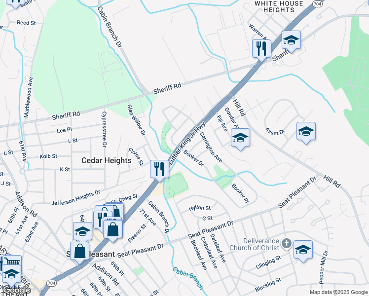map of restaurants, bars, coffee shops, grocery stores, and more near 1021 Booker Drive in Capitol Heights