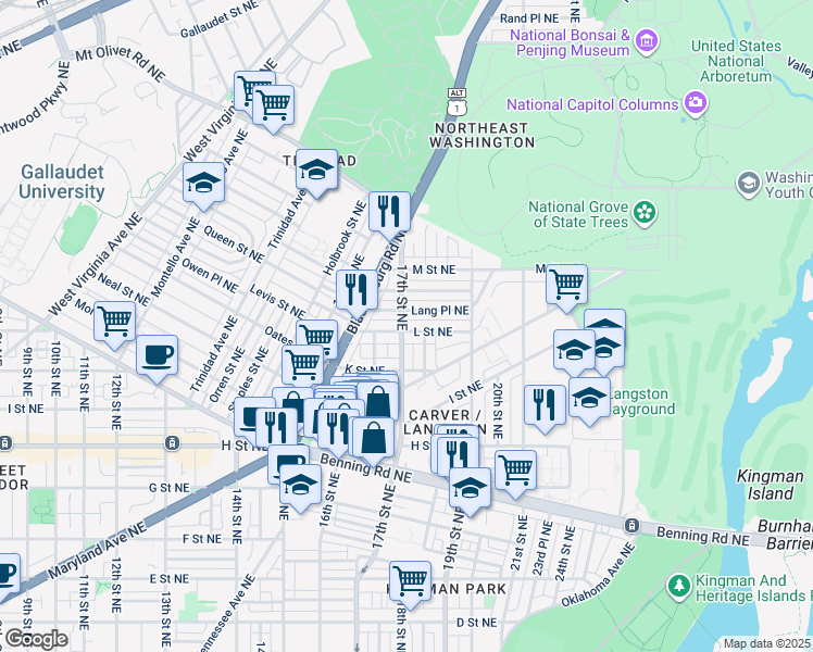 map of restaurants, bars, coffee shops, grocery stores, and more near 1730 L Street Northeast in Washington