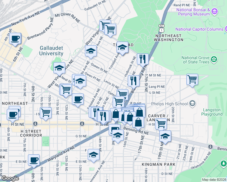 map of restaurants, bars, coffee shops, grocery stores, and more near 101 Independence Avenue Southeast in Washington
