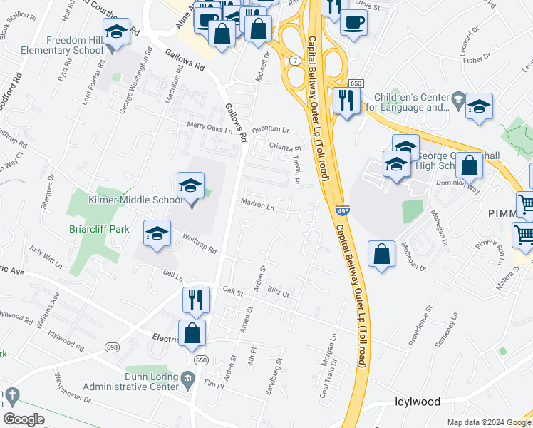 map of restaurants, bars, coffee shops, grocery stores, and more near 8002 Trevor Place in Vienna