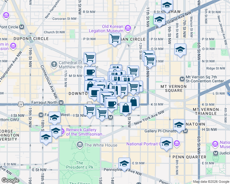 map of restaurants, bars, coffee shops, grocery stores, and more near 1101 14th Street Northwest in Washington