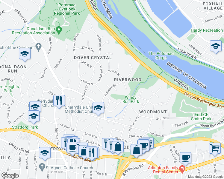 map of restaurants, bars, coffee shops, grocery stores, and more near 2525 North Nelson Street in Arlington