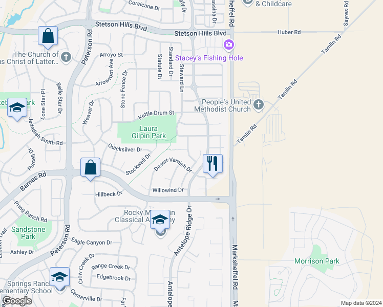 map of restaurants, bars, coffee shops, grocery stores, and more near 4941 Dunecrest Drive in Colorado Springs
