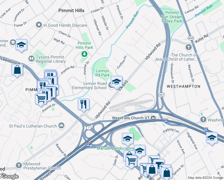 map of restaurants, bars, coffee shops, grocery stores, and more near 7230 Idylwood Road in Falls Church