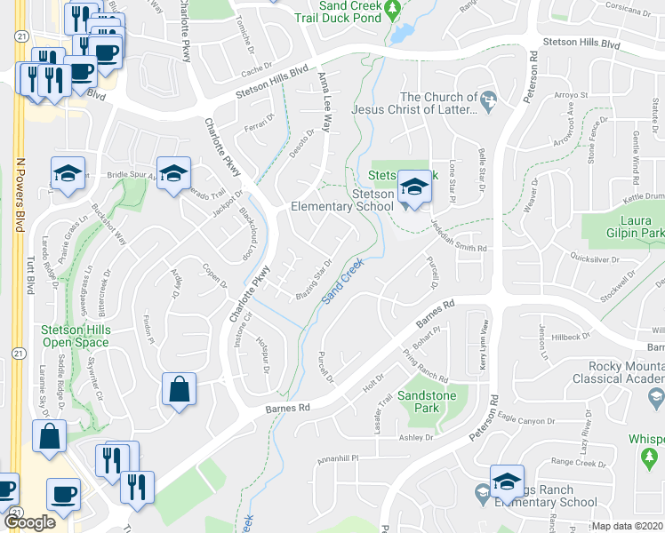 map of restaurants, bars, coffee shops, grocery stores, and more near 6335 Blazing Star Drive in Colorado Springs