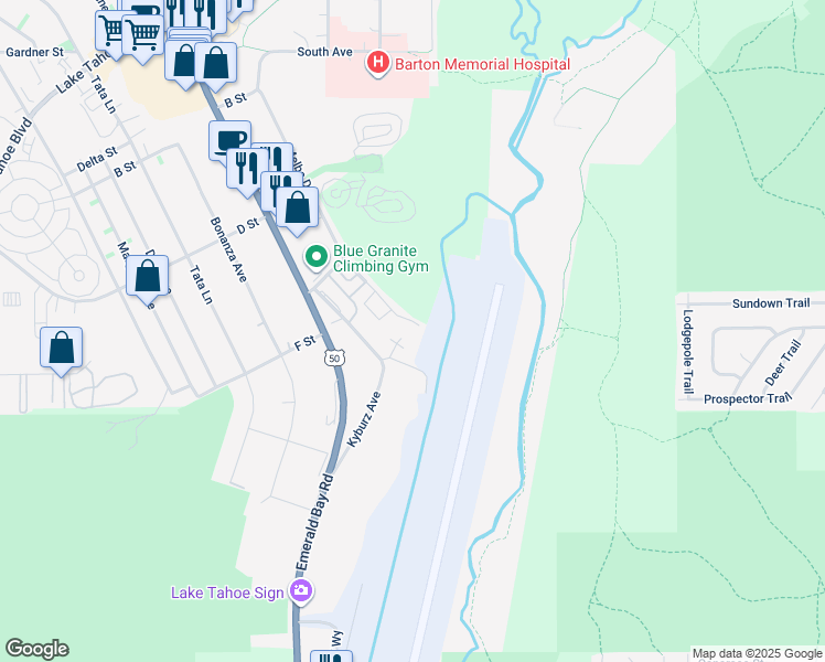map of restaurants, bars, coffee shops, grocery stores, and more near 1342 Melba Drive in South Lake Tahoe