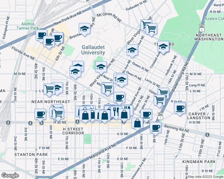 map of restaurants, bars, coffee shops, grocery stores, and more near 1186 Morse Street Northeast in Washington