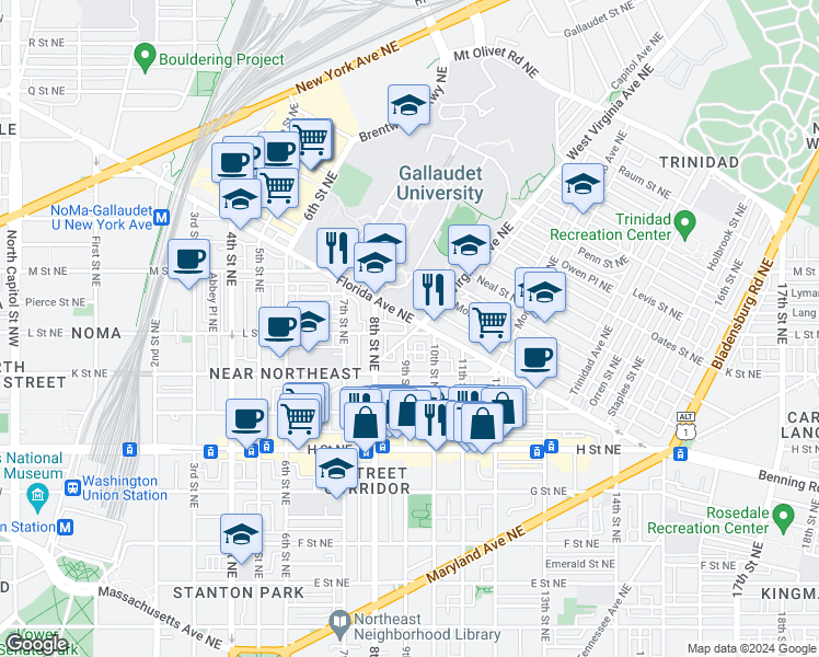 map of restaurants, bars, coffee shops, grocery stores, and more near 101 Independence Avenue Southeast in Washington
