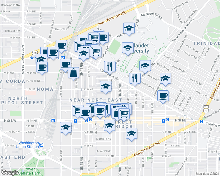 map of restaurants, bars, coffee shops, grocery stores, and more near 101 Independence Avenue Southeast in Washington