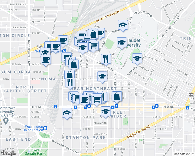 map of restaurants, bars, coffee shops, grocery stores, and more near 101 Independence Avenue Southeast in Washington