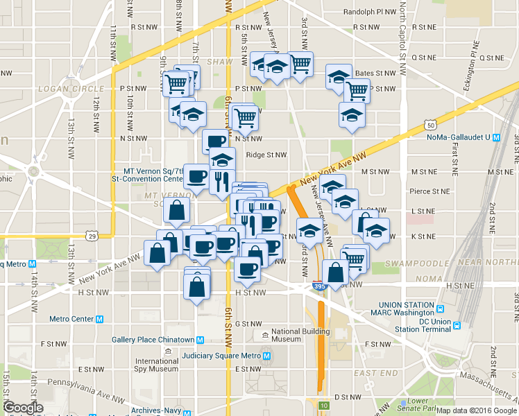 map of restaurants, bars, coffee shops, grocery stores, and more near 101 Independence Avenue Southeast in Washington