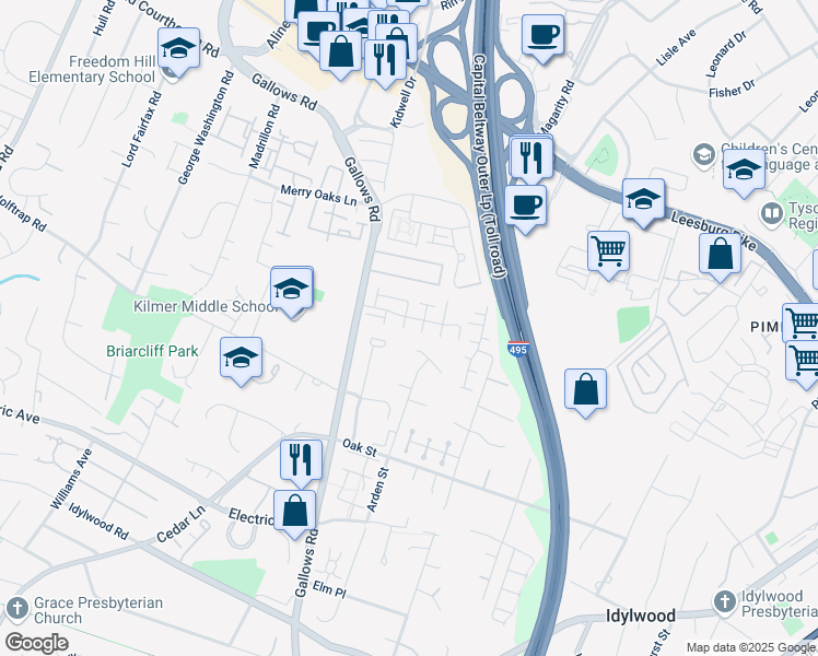 map of restaurants, bars, coffee shops, grocery stores, and more near 8002 Trevor Place in Vienna