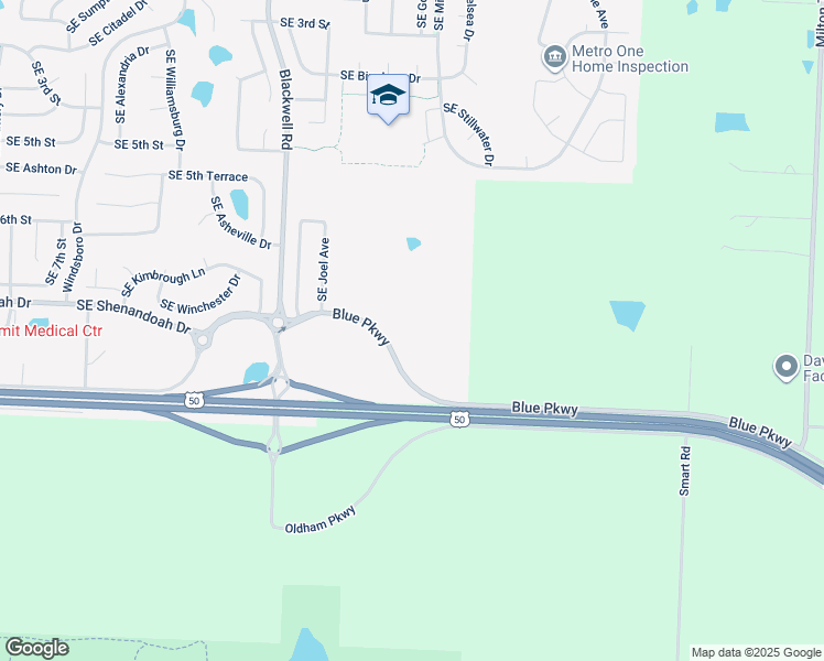 map of restaurants, bars, coffee shops, grocery stores, and more near Blue Parkway in Lee's Summit