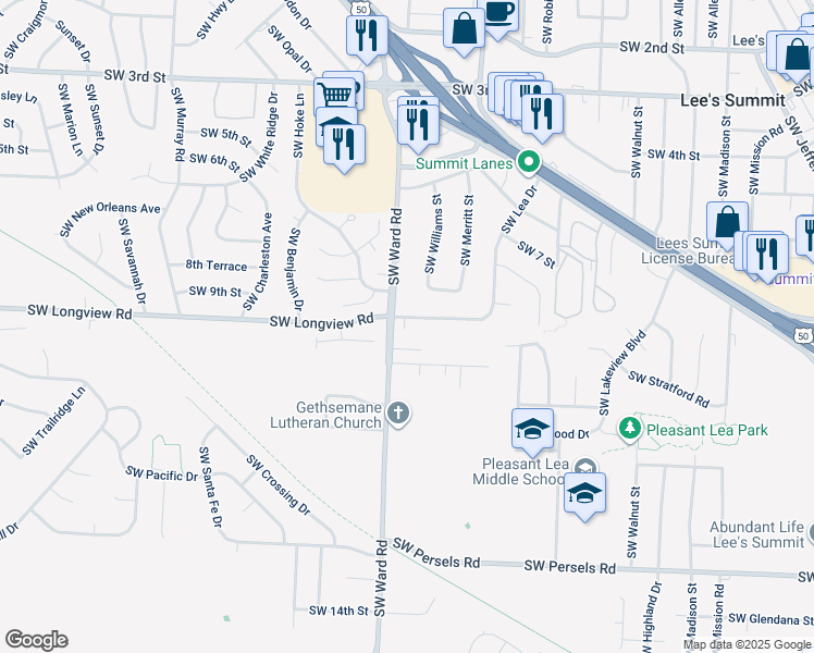 map of restaurants, bars, coffee shops, grocery stores, and more near 1009 Southwest Lea Drive in Lee's Summit