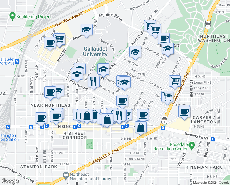map of restaurants, bars, coffee shops, grocery stores, and more near 1186 Morse Street Northeast in Washington
