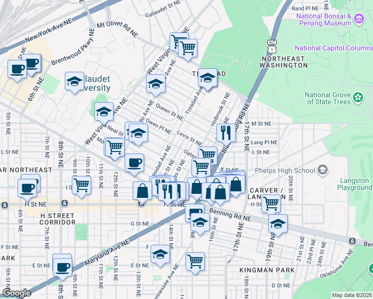 map of restaurants, bars, coffee shops, grocery stores, and more near 101 Independence Avenue Southeast in Washington
