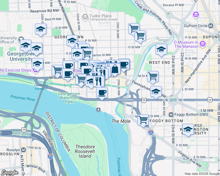 map of restaurants, bars, coffee shops, grocery stores, and more near 1052 30th Street Northwest in Washington