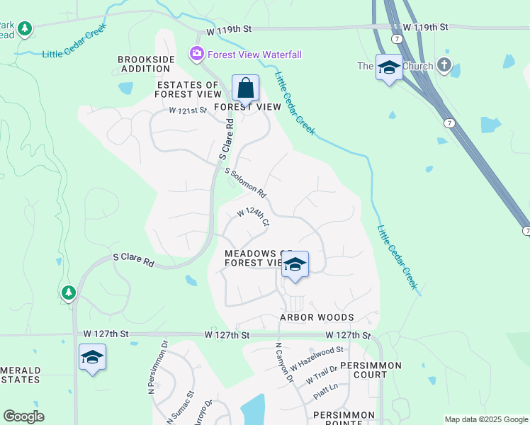 map of restaurants, bars, coffee shops, grocery stores, and more near 23856 West 124th Court in Olathe