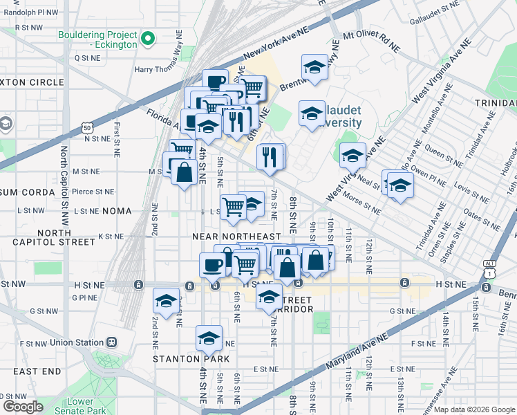 map of restaurants, bars, coffee shops, grocery stores, and more near 101 Independence Avenue Southeast in Washington
