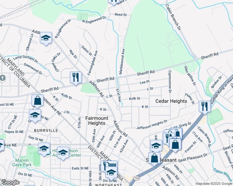 map of restaurants, bars, coffee shops, grocery stores, and more near 6002 L Street in Fairmount Heights