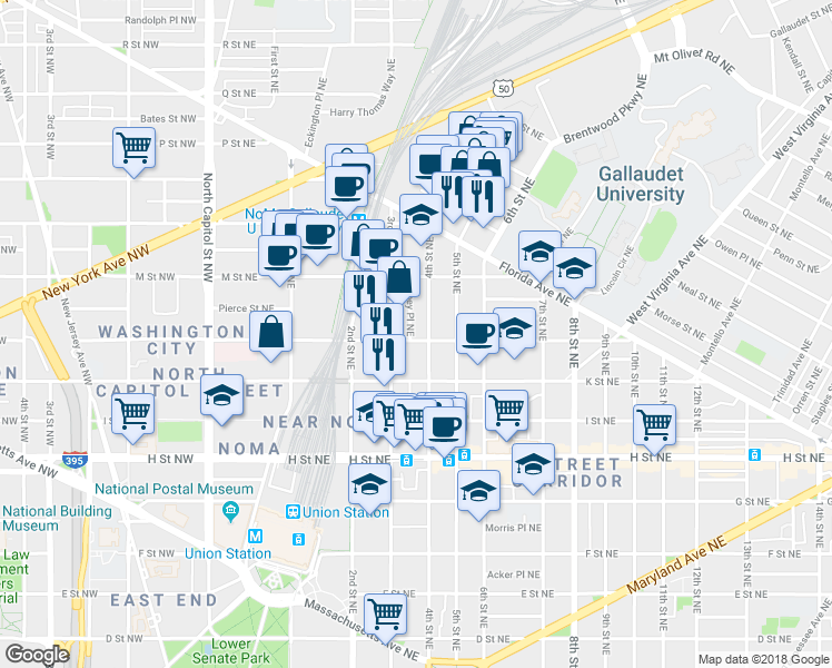 map of restaurants, bars, coffee shops, grocery stores, and more near 1103 Abbey Place Northeast in Washington