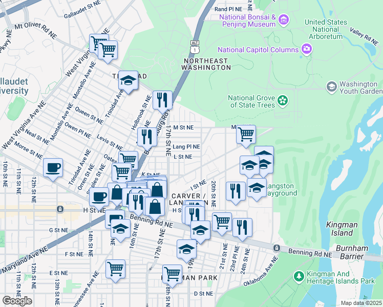 map of restaurants, bars, coffee shops, grocery stores, and more near 1840 L Street Northeast in Washington