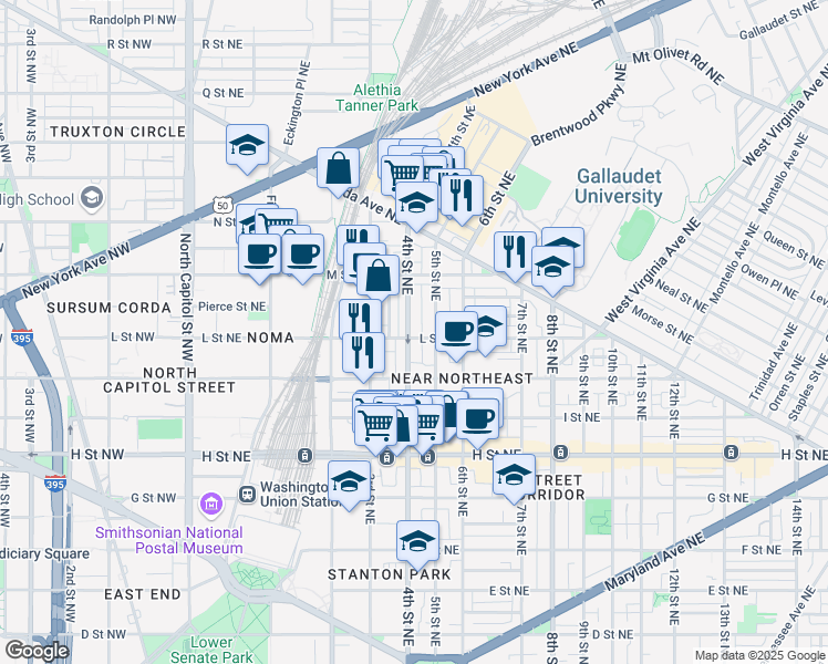 map of restaurants, bars, coffee shops, grocery stores, and more near 1101 4th Street Northeast in Washington
