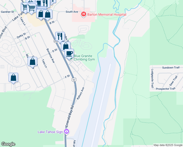 map of restaurants, bars, coffee shops, grocery stores, and more near 1342 Melba Drive in South Lake Tahoe
