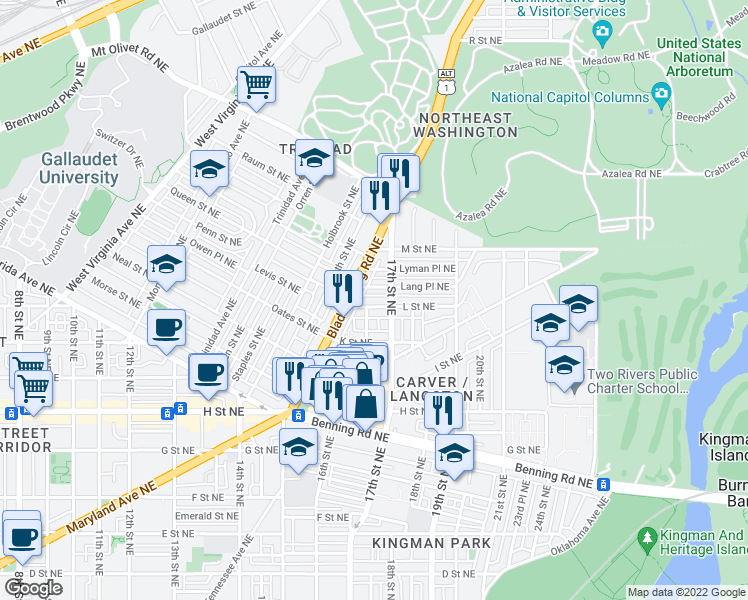 map of restaurants, bars, coffee shops, grocery stores, and more near 1708 L Street Northeast in Washington