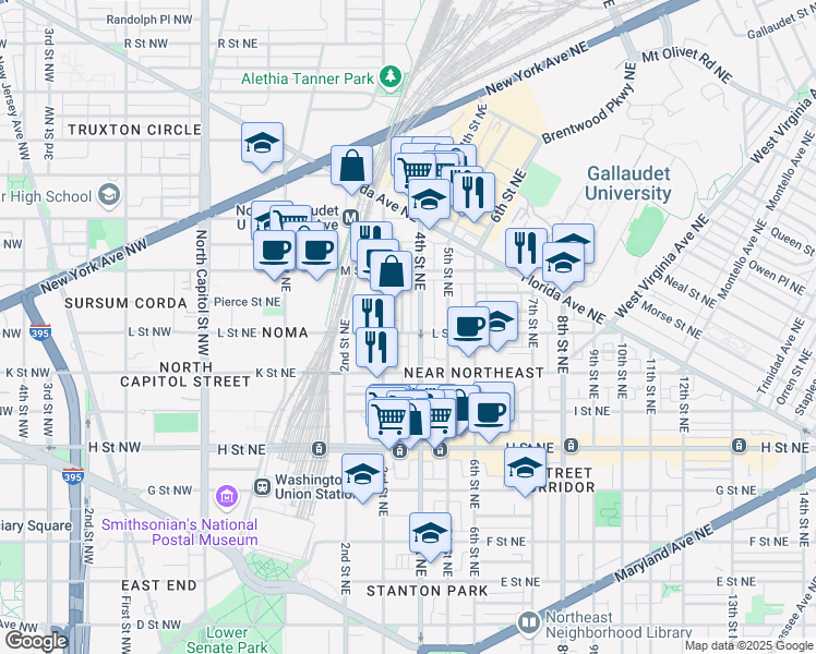 map of restaurants, bars, coffee shops, grocery stores, and more near 1103 Abbey Place Northeast in Washington