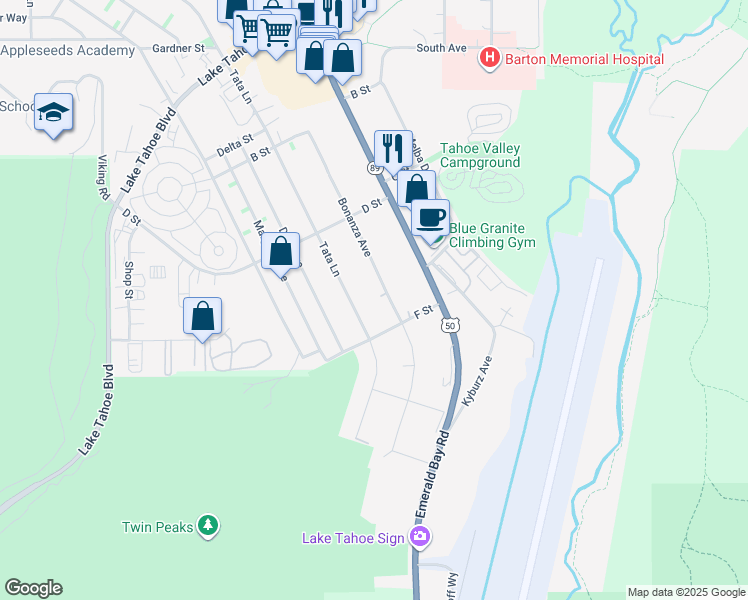 map of restaurants, bars, coffee shops, grocery stores, and more near 1262 Bonanza Avenue in South Lake Tahoe