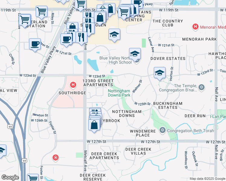 map of restaurants, bars, coffee shops, grocery stores, and more near 12509 Walmer Street in Leawood