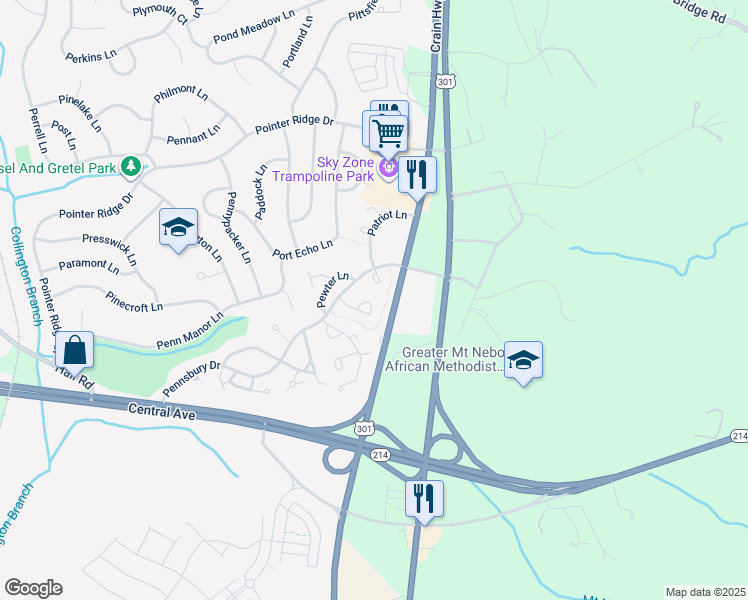 map of restaurants, bars, coffee shops, grocery stores, and more near 16342 Pennsbury Way in Bowie