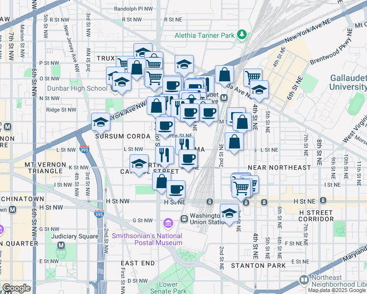 map of restaurants, bars, coffee shops, grocery stores, and more near 74 L Street Northeast in Washington