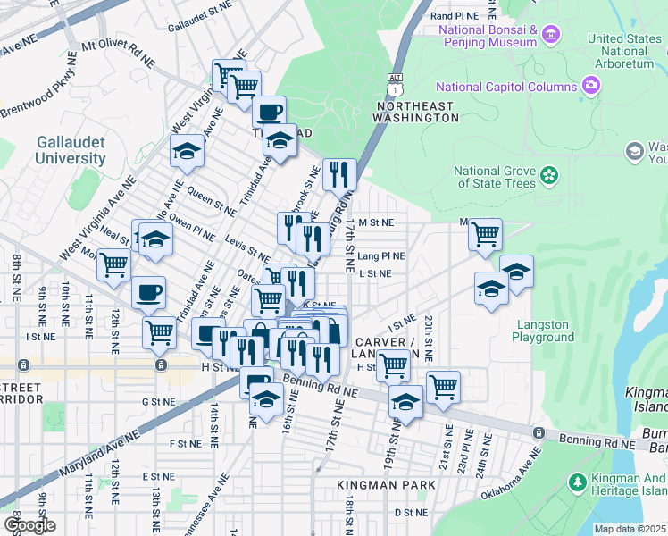 map of restaurants, bars, coffee shops, grocery stores, and more near 1708 L Street Northeast in Washington