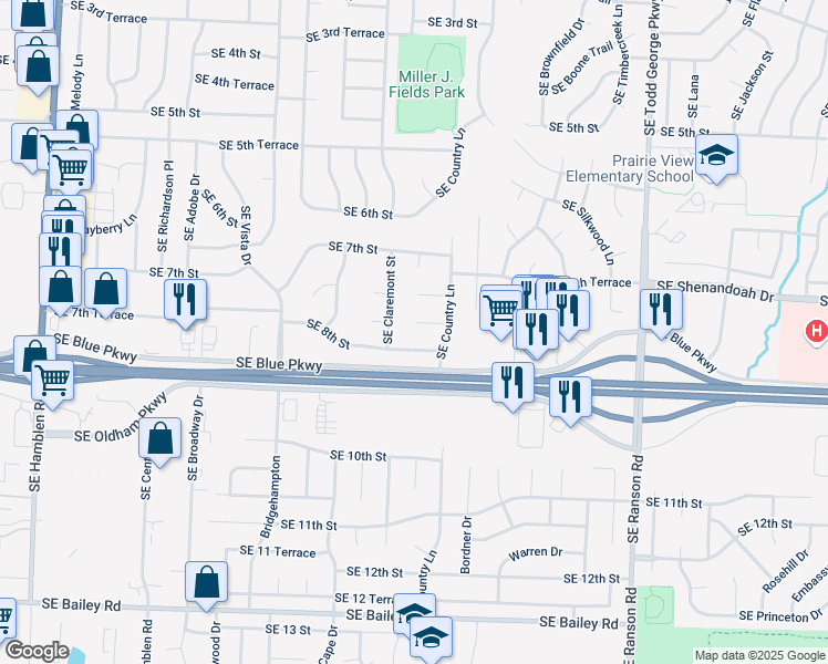 map of restaurants, bars, coffee shops, grocery stores, and more near 1405 Southeast 7th Place in Lee's Summit