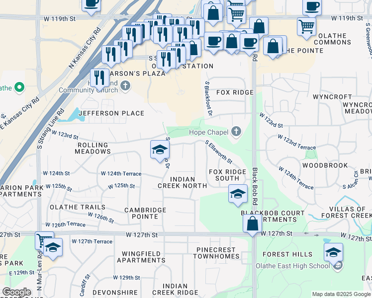 map of restaurants, bars, coffee shops, grocery stores, and more near 12407 S Seminole Dr in Olathe