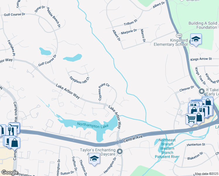 map of restaurants, bars, coffee shops, grocery stores, and more near 11206 Cypress Point Court in Bowie