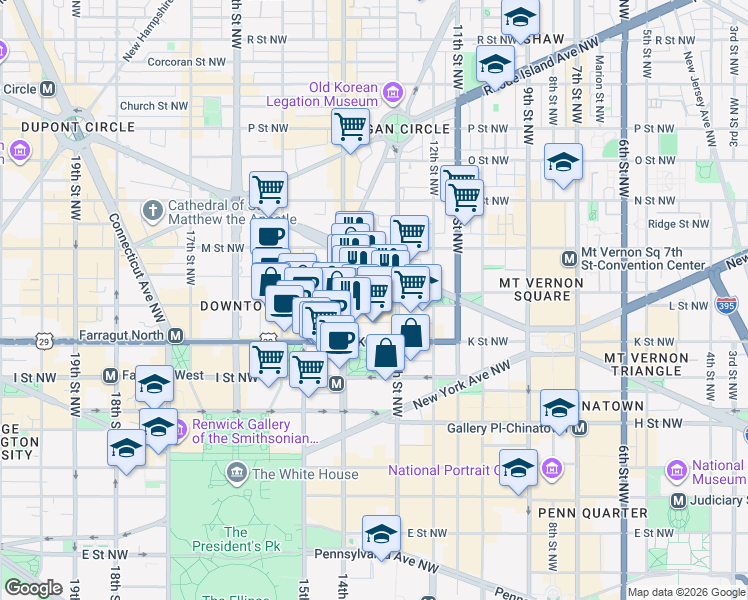 map of restaurants, bars, coffee shops, grocery stores, and more near 1313 L Street Northwest in Washington