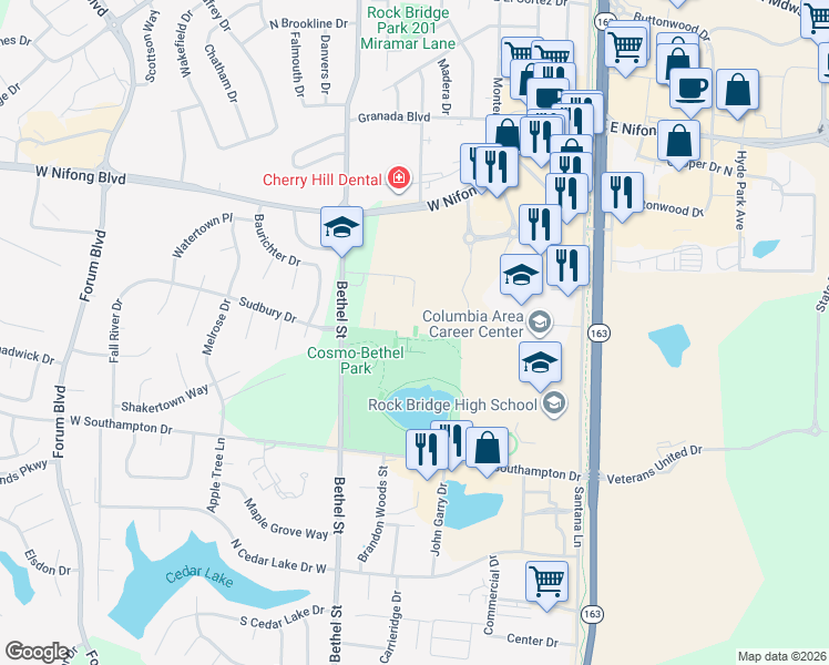 map of restaurants, bars, coffee shops, grocery stores, and more near Bethel Street in Columbia