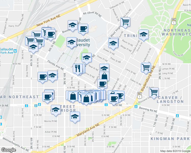 map of restaurants, bars, coffee shops, grocery stores, and more near 1182 Morse Street Northeast in Washington