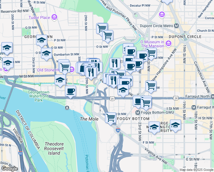 map of restaurants, bars, coffee shops, grocery stores, and more near 2600 Pennsylvania Avenue Northwest in Washington